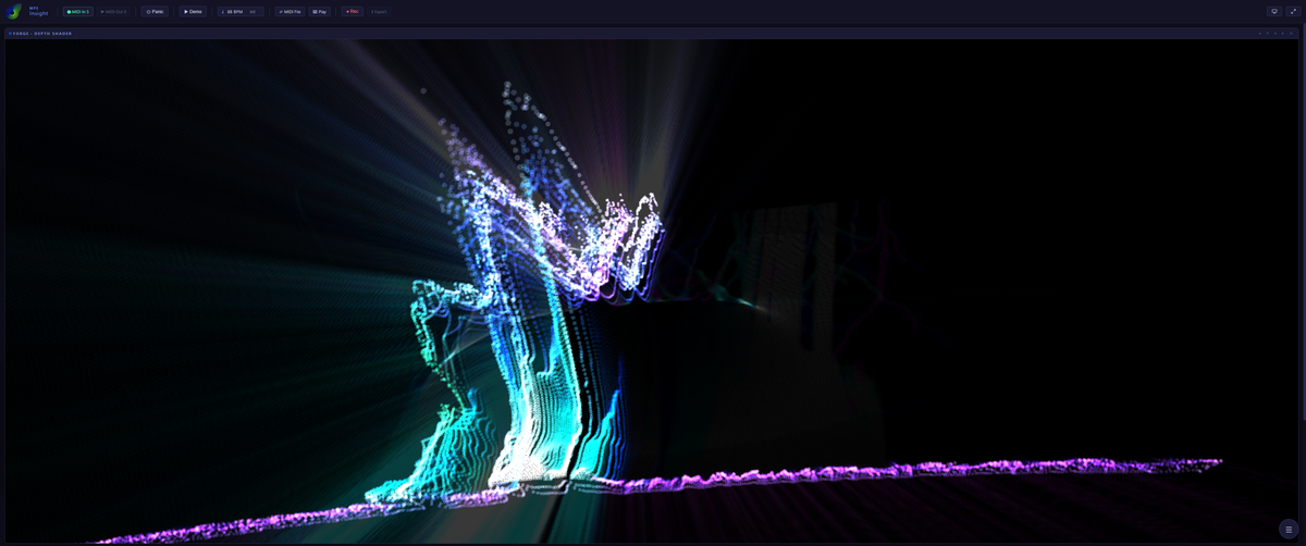 One FORGE panel filling the whole window: a figure rebuilt as a cloud of cyan and violet points, throwing light rays across a dark room, with a magenta ground line running along the bottom.