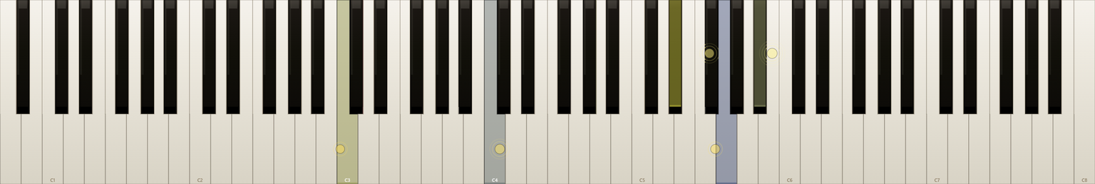 The Classic design: a full ivory and ebony piano with five keys held, a low C octave and an E flat major triad an octave above it, the sounding keys washed in slate blue with amber dots.