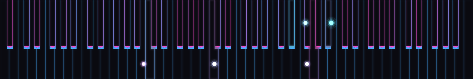 The Neon design: keys drawn as thin magenta and cyan outlines on black, with a glowing dot on each of the five held notes.